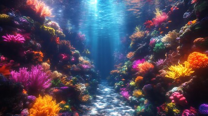 Naklejka premium Vibrant Coral Reef Underwater Scene Illuminates Ocean Life