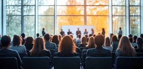 Business Conference Panel Discussion with Engaged Audience in Modern Venue