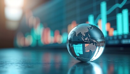 Global finance theme shows crystal globe with world map in foreground. Financial charts visible in background. International investors consider portfolio diversification strategies. Fiscal policies