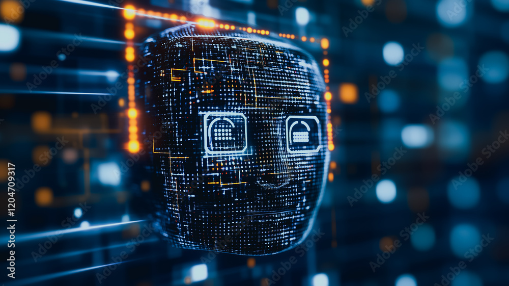 Poster digital consciousness: a futuristic digital face with intricate circuitry and glowing nodes emerges 