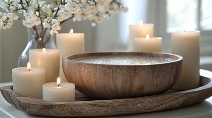 Relaxing spa scene with candles and wooden bowl.