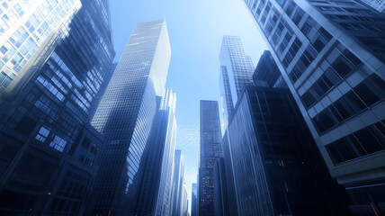 sky over a busy downtown district, tall office buildings and residential towers,