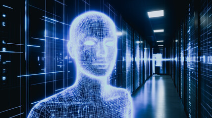 Digital Consciousness: A luminous, ethereal AI figure stands within a futuristic server room, its form composed of interconnected nodes of light.