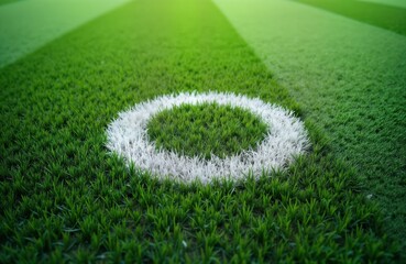Soccer field penalty spot marked with white circle. Green grass background. Sports arena. Outdoor activity. Game. Competition. Game preparation. Football pitch. Marking.