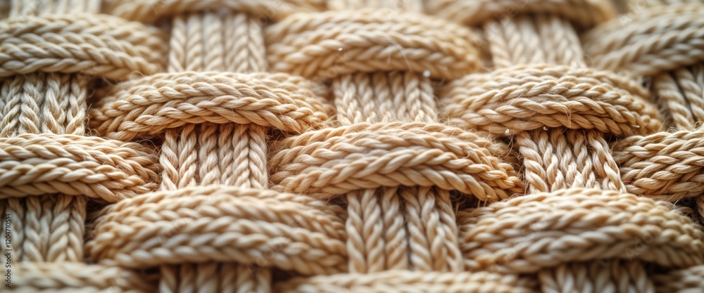 Poster Close-up view of woven fibers creating textured pattern in neutral tones. Natural material shows craftsmanship, design details. Organic pattern suitable for home decor. Traditional textile wall art.