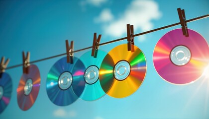 Colorful CDs hang on clothesline against vibrant blue sky. Bright sunlight shines on discs, reflecting vibrant light patterns. Nostalgia, creativity apparent. Playful, artistic decoration. Outdoor