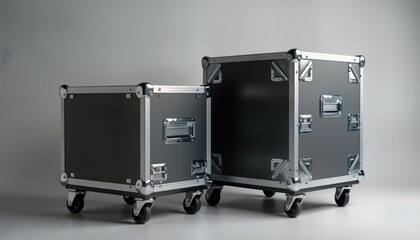 Two large black shipping cases stand on wheels. Appear sturdy, designed for transportation of musical equipment. Cases likely for storing amplifiers, speakers, sound equipment. Well suited for