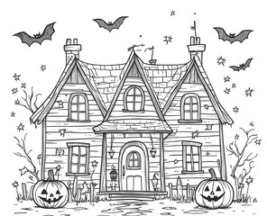 Obraz premium Haunted House Halloween Scene With Bats And Pumpkins