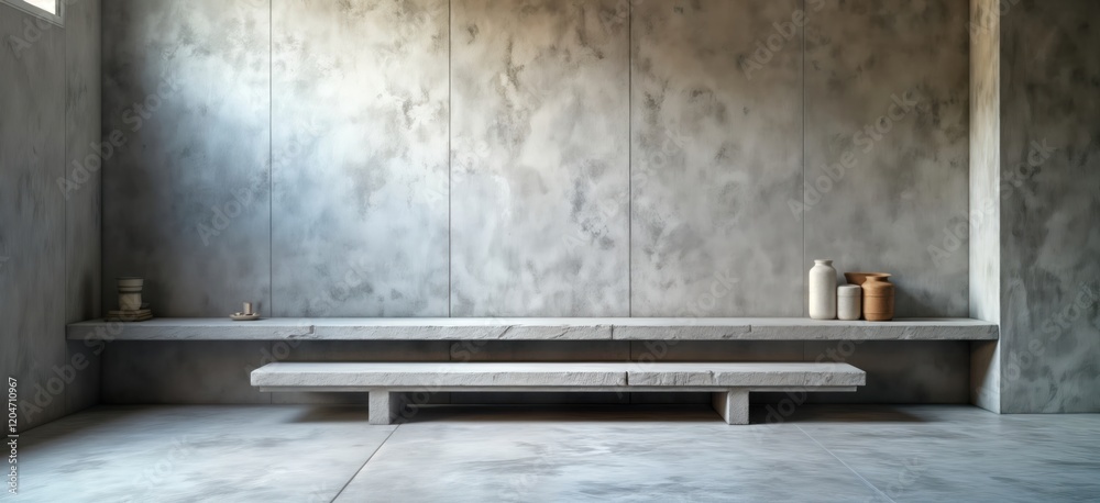 Poster empty studio room with gray cement walls, blank table. modern design with concrete construction back