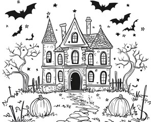 Spooky Halloween House Bats Pumpkins Night Scene