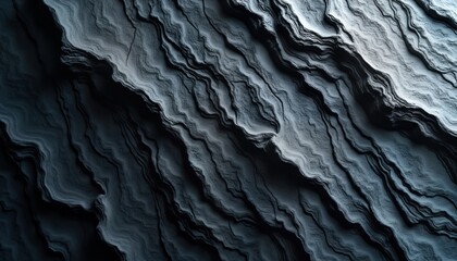 Abstract textured surface resembles rugged mountain. Layers of dark grey, black rock complex patterns, intense contrasts. Image evokes strength, resilience of nature. Suitable for backgrounds
