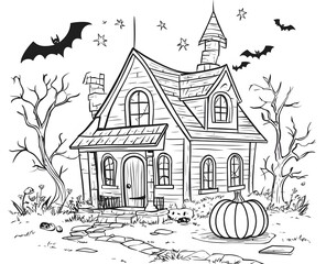 Naklejka premium Halloween House with Bats Pumpkin and Stars