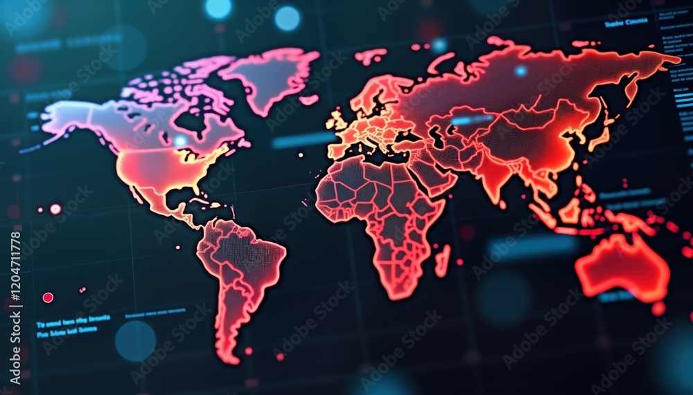 Poster world map displays global disease spread. analysis shows infection rate. futuristic interface. warni