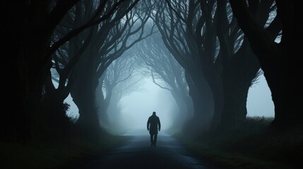 Silhouetted man walking down a foggy, tree-lined path at night.