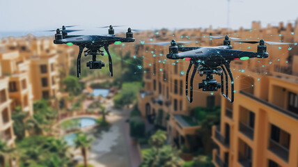 Drone Survey of Residential Complex: Two advanced drones equipped with high-resolution cameras perform a coordinated aerial survey of a modern residential complex.