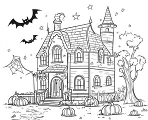 Haunted House Halloween Scene With Bats Pumpkins And Stars