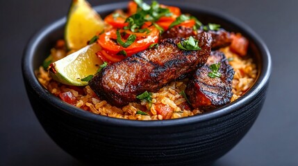 Grilled meat with rice, peppers, and lime.