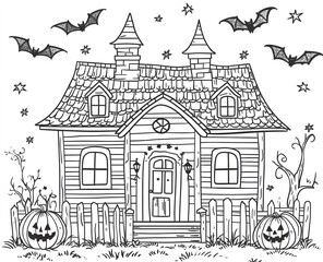 Obraz premium A Haunted House With Pumpkins And Bats At Night