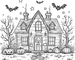Obraz premium Spooky Halloween House with Bats Pumpkins and Stars