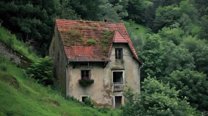 Obraz premium Secluded Hillside House: A Rustic Retreat in Verdant Surroundings