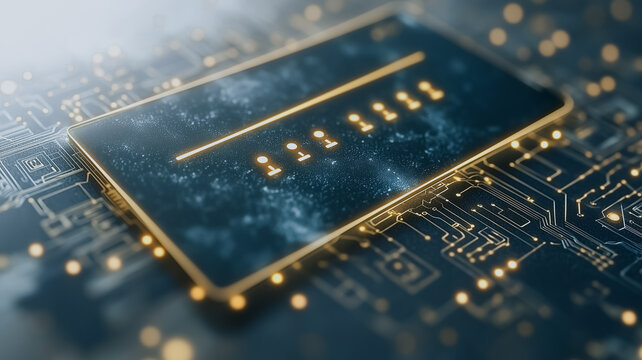 Cybersecurity Chip:  Close-up view of a technologically advanced microchip with a binary code displayed, symbolizing digital security and data protection.