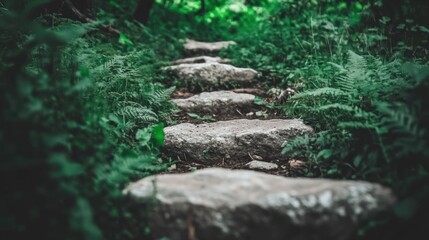 Stone Steps Enveloped in Lush Greenery: A Serene Forest Path