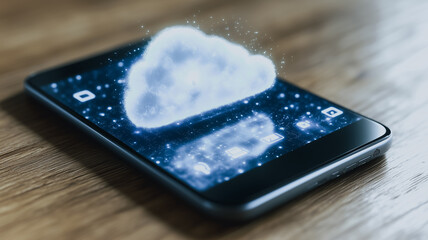 Cloud Computing on Mobile: A blue cloud icon floats above a smartphone screen, symbolizing seamless and convenient access to data and services in the cloud.