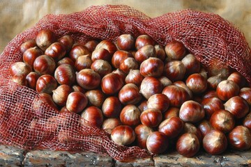 Still Life of Chestnuts in Red Netting Bags with Natural Light