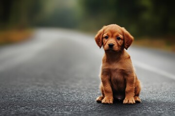 An adorable brown puppy sits alone on the road with a blurred backdrop