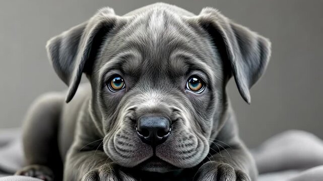 A close-up of a gray cane corso puppy with expressive eyes resting on a soft surface.