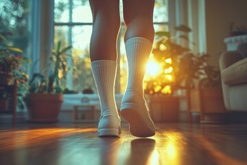 Closeup of Young Woman Walking in White Socks on Warm Wooden Floor at Home