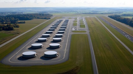 Aerial view of numerous fuel storage tanks at an airport.