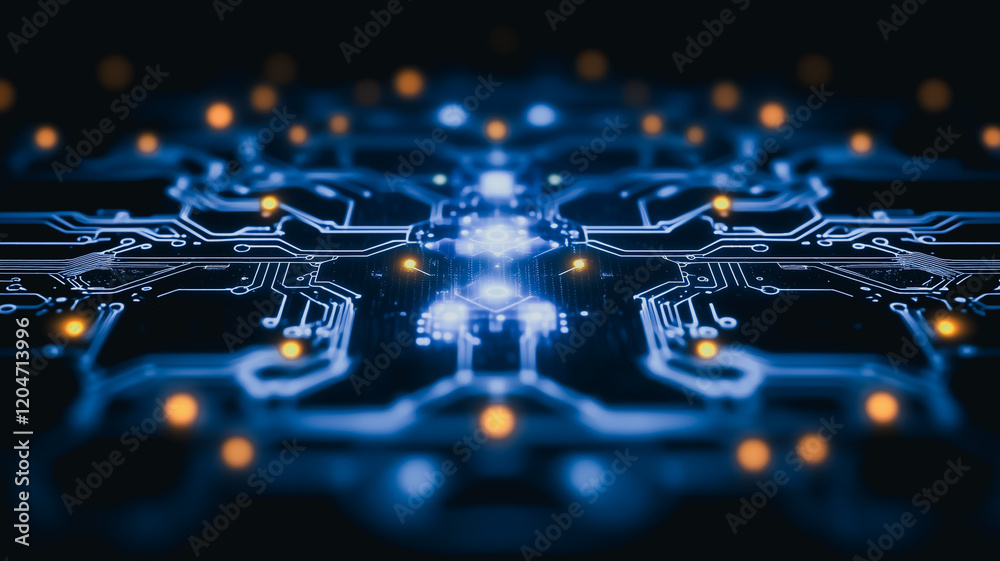 Poster glowing circuit board: abstract close-up of a technologically advanced circuit board with glowing bl