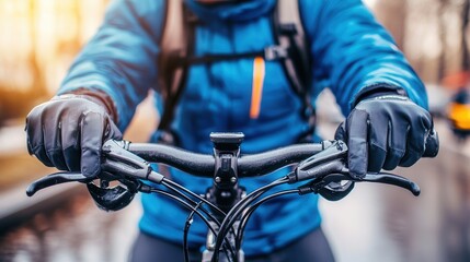 Obraz premium Man Adjusting Helmet Straps While Holding Bicycle Handlebars in Bright Lighting, Captured with Soft Focus for a Portrait of Outdoor Activity Enthusiasm