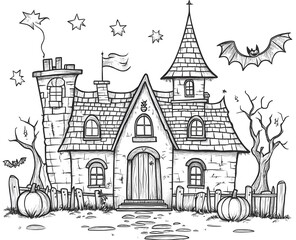 Obraz premium Spooky Halloween Haunted House With Pumpkins And Bats