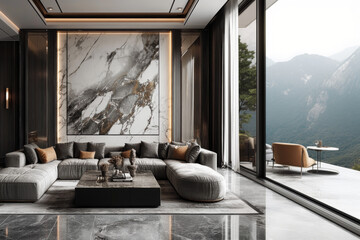 Luxurious living room with grey sectional couch, marble wall, and mountain view through large windows