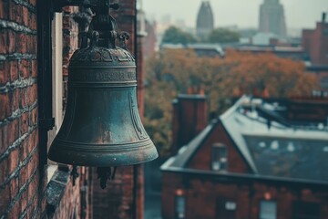 Fototapeta premium Big church bell in front of a brick building and roof with emphasis on the bell