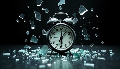 Shattered alarm clock disrupted routine missed deadline. Broken glass pieces surround black clock against dark background. Image captures time sudden halt crucial moment abrupt ending. Visual aids