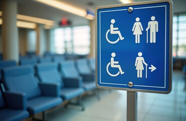 Accessibility symbols for disabled people on blue sign in public area with row of blue seats in background. Public area equipped with facilities for persons with disabilities. Accessibility features