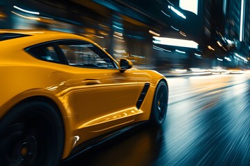Obraz premium Yellow Sports Car in Motion at Night