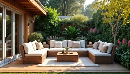 Fototapeta premium Cozy patio area with stylish garden furniture on wooden deck. Sliding doors lead to house. Plants surrounds patio area. Peaceful, relaxing scene in sunny day. Modern patio design with comfortable
