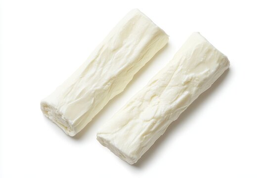 Bird s eye view of three string cheese snacks on a white background