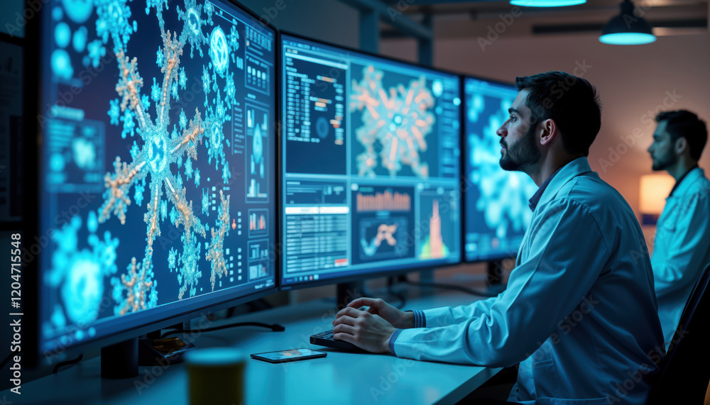 Aufkleber Scientists analyze molecular models on multiple futuristic screens. Drug research uses AI software. Innovation in lab setting. Medical lab workers focus on new drug preparations. Modern tech in