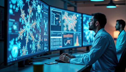Scientists analyze molecular models on multiple futuristic screens. Drug research uses AI software. Innovation in lab setting. Medical lab workers focus on new drug preparations. Modern tech in