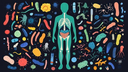 Human microbiome illustration showing diverse bacteria, viruses, and parasites around a human silhouette with visible digestive system.