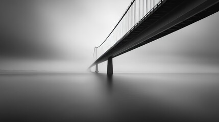 Monochrome long exposure of a suspension bridge over calm, foggy water.