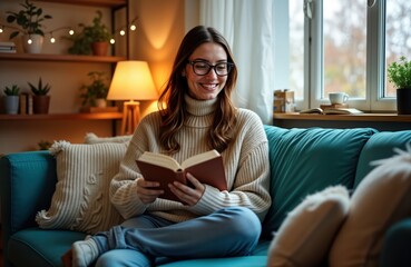 Obraz premium Smiling young woman reads book comfortably sitting on couch in cozy home interior. Casual warm sweater, eyeglasses add to relaxed atmosphere. Indoor lifestyle photo showcasing leisure, relaxation.