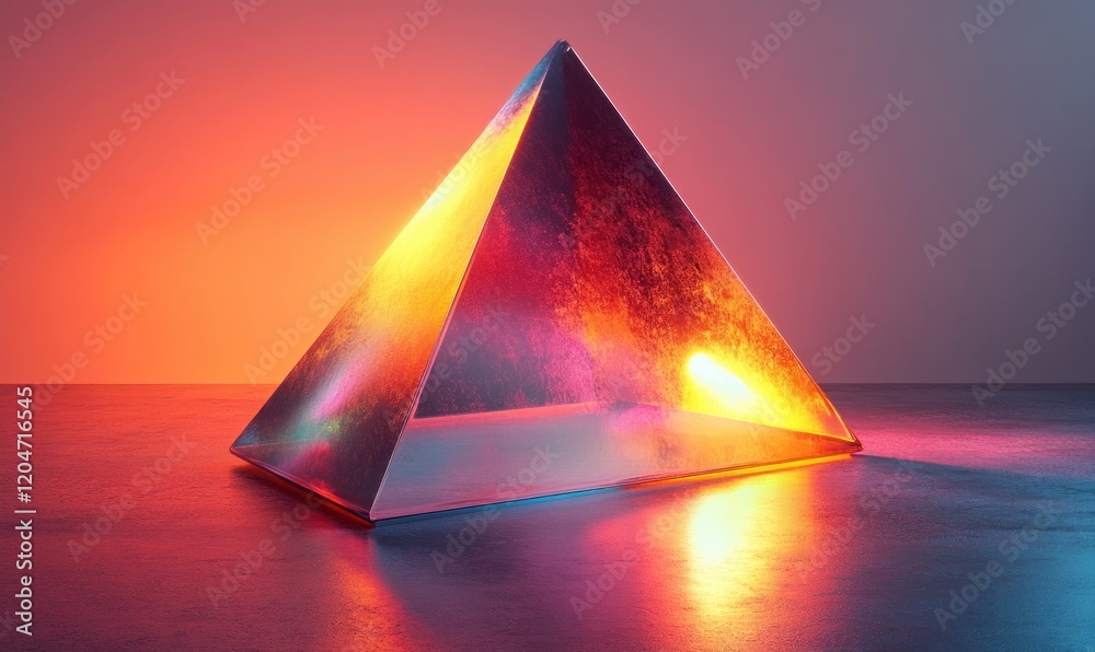 Poster Futuristic Glossy Geometric Shape with Colorful Reflection and Iridescent Surface in Minimalist Design