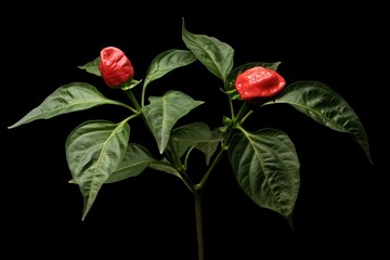 Carolina Reaper the world s hottest chili with 1 641 183 Scoville units ripening on a plant against a dark backdrop