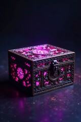 Obraz premium Intricately carved wooden box emitting a soft purple light, intricate, box
